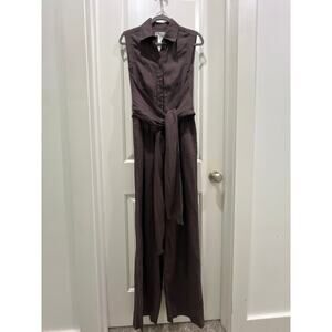 Max Mara Chocolate Brown 100% Linen Sleeveless Wide Leg Jumpsuit Sz 8